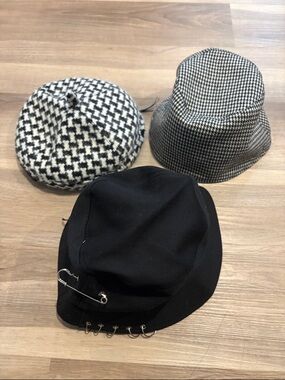3 Youth Girls Hats: NWT Black Bucket Hat with Safety Pin & Ring Accents
